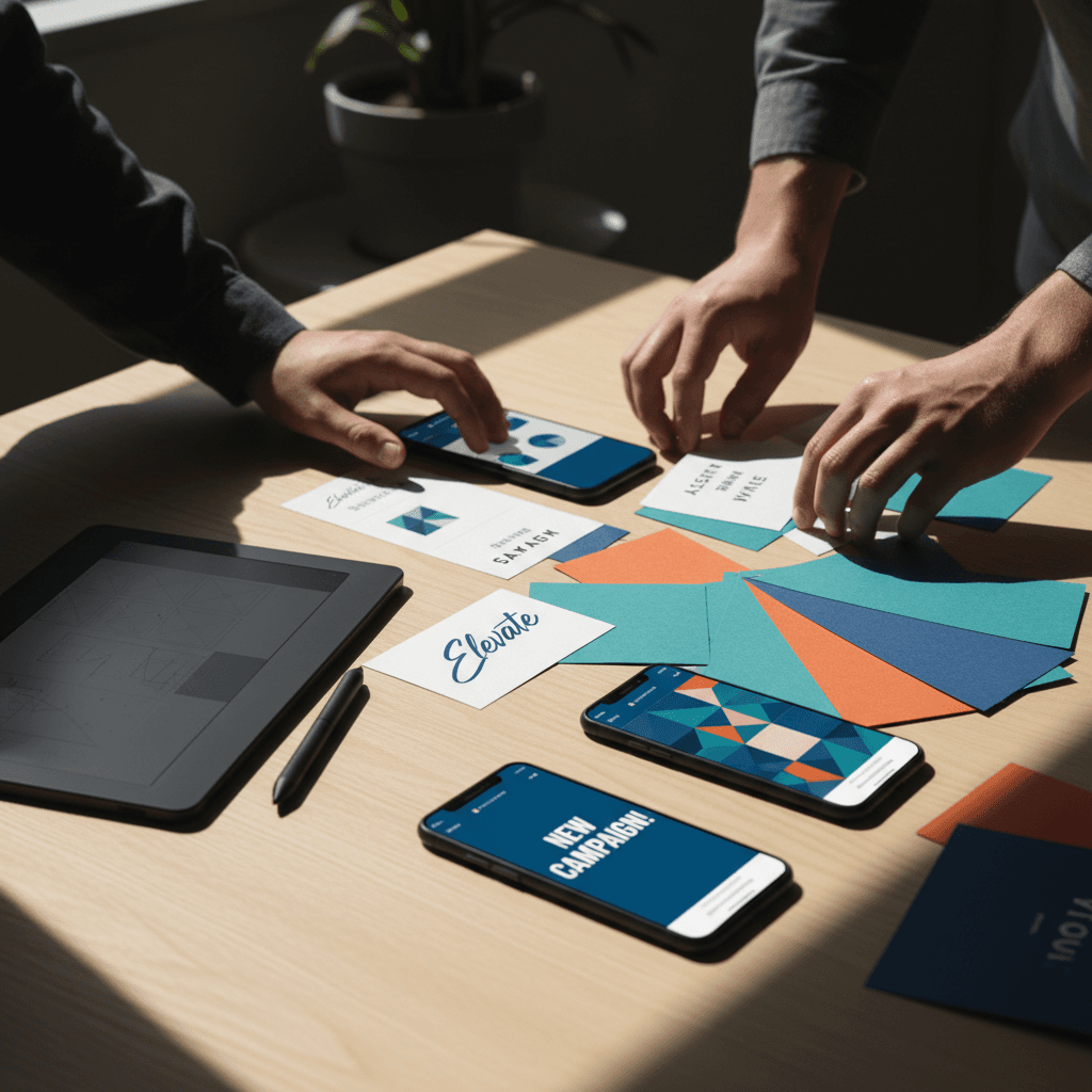 Designer creating colorful social media content and graphics