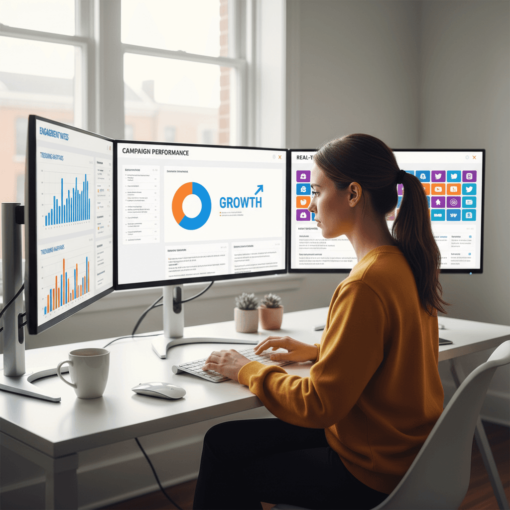 Social media professional working at desk with multiple monitors