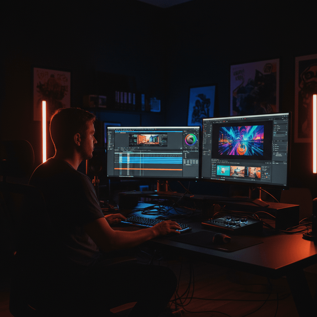 Video editor working on reels in professional editing suite