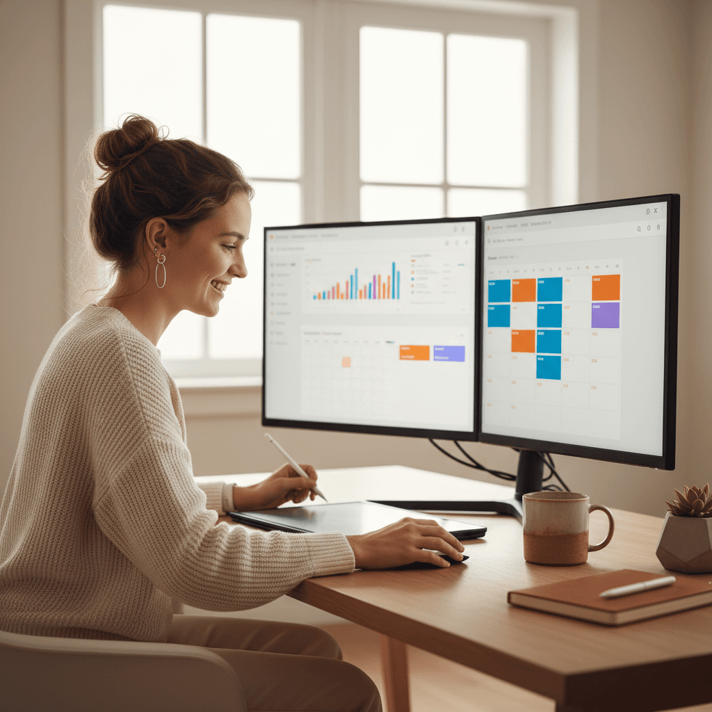 Social media manager scheduling posts on multiple platforms