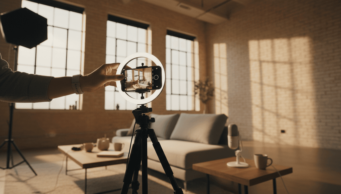 Content creation setup with smartphone and professional recording equipment