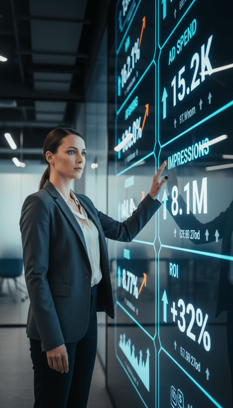 Marketing strategist presenting advertising campaign performance metrics displayed on large digital screen behind her