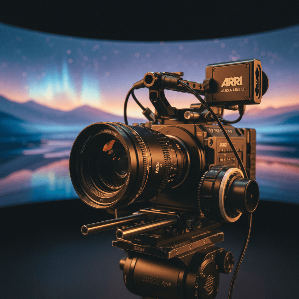 Close-up of professional cinema camera lens and mounting hardware with volumetric LED environment softly illuminated in background