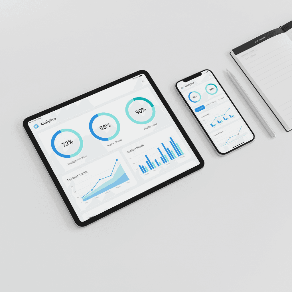 Overhead view of tablet and smartphone displaying colorful analytics dashboards with follower metrics and engagement statistics